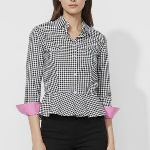 Lauren Ralph Lauren Button Up Shirt Women's Black Gingham Peplum